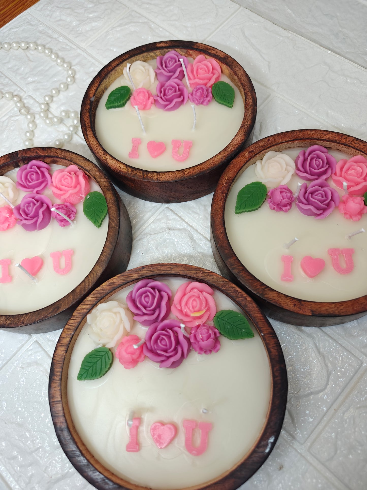 Floral Wooden Bowl Candle